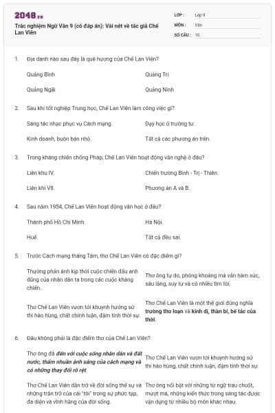 Trắc nghiệm Ngữ Văn 9 (có đáp án): Vài nét về tác giả Chế Lan Viên