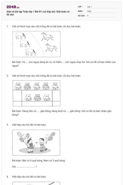 Giải vở bài tập Toán lớp 1 Bài 81 (có đáp án): Giải toán có lời văn