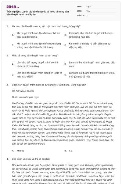 Trắc nghiệm: Luyện tập sử dụng yếu tố miêu tả trong văn bản thuyết minh có đáp án