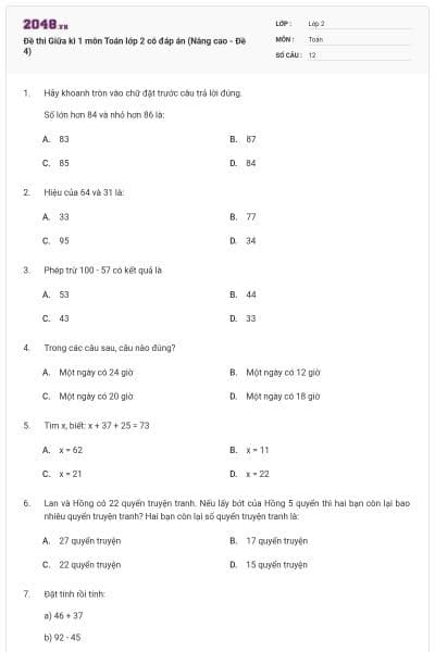 Đề thi Giữa kì 1 môn Toán lớp 2 có đáp án (Nâng cao - Đề 4)