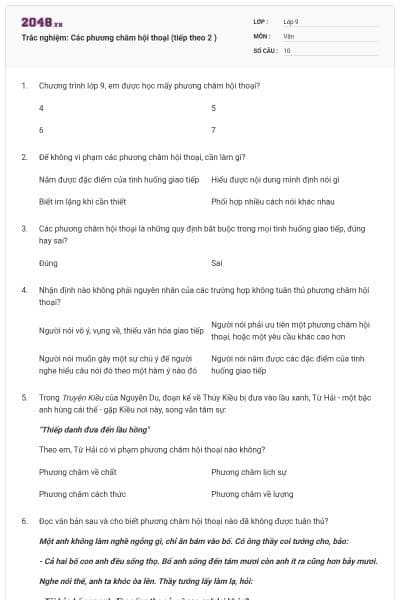 Trắc nghiệm: Các phương châm hội thoại (tiếp theo 2 )