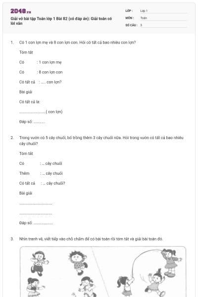 Giải vở bài tập Toán lớp 1 Bài 82 (có đáp án): Giải toán có lời văn