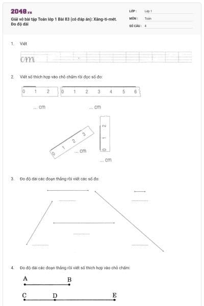 Giải vở bài tập Toán lớp 1 Bài 83 (có đáp án): Xăng-ti-mét. Đo độ dài