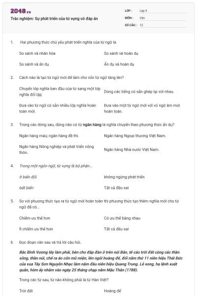 Trắc nghiệm: Sự phát triển của từ vựng có đáp án