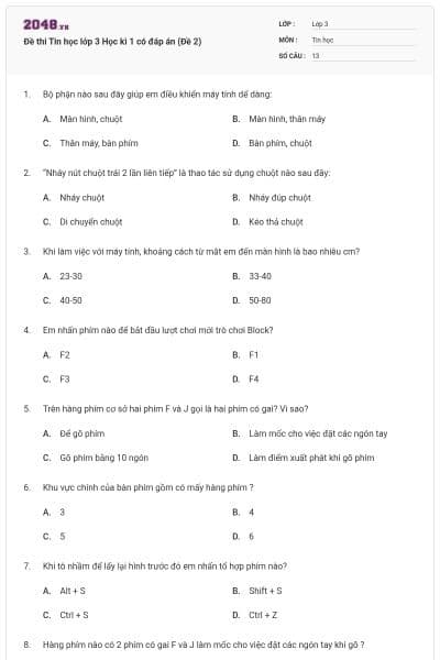 Đề thi Tin học lớp 3 Học kì 1 có đáp án (Đề 2)