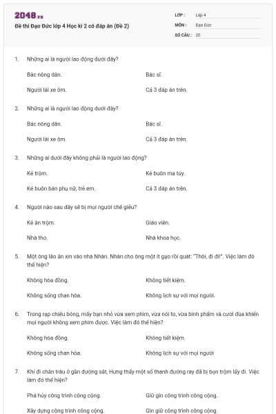 Đề thi Đạo Đức lớp 4 Học kì 2 có đáp án (Đề 2)