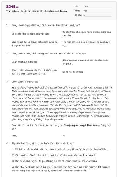 Trắc nghiệm: Luyện tập tóm tắt tác phẩm tự sự có đáp án