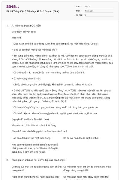 Đề thi Tiếng Việt 3 Giữa học kì 2 có đáp án (Đề 4)