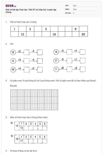 Giải vở bài tập Toán lớp 1 Bài 87 (có đáp án): Luyện tập chung