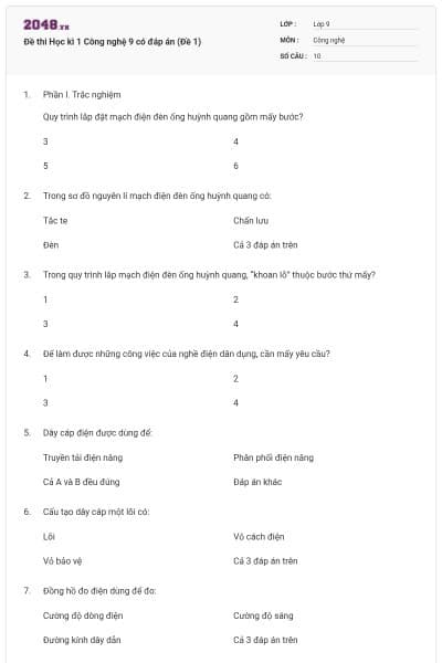 Đề thi Học kì 1 Công nghệ 9 có đáp án (Đề 1)