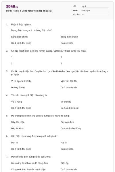 Đề thi Học kì 1 Công nghệ 9 có đáp án (Đề 2)
