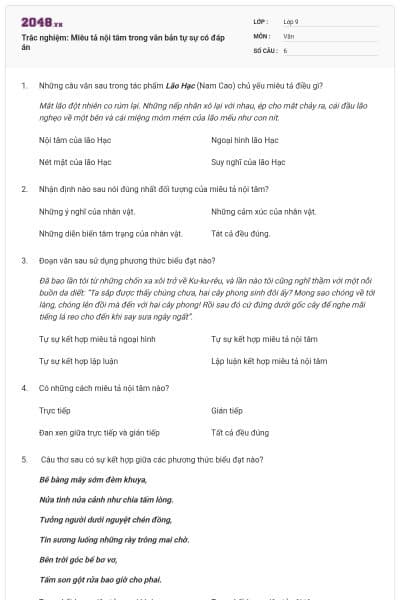 Trắc nghiệm: Miêu tả nội tâm trong văn bản tự sự có đáp án