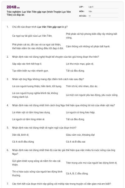 Trắc nghiệm: Lục Vân Tiên gặp nạn (trích Truyện Lục Vân Tiên) có đáp án