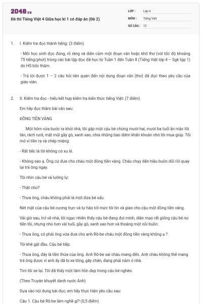 Đề thi Tiếng Việt 4 Giữa học kì 1 có đáp án (Đề 2)