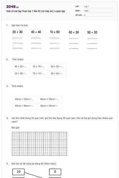 Giải vở bài tập Toán lớp 1 Bài 92 (có đáp án): Luyện tập