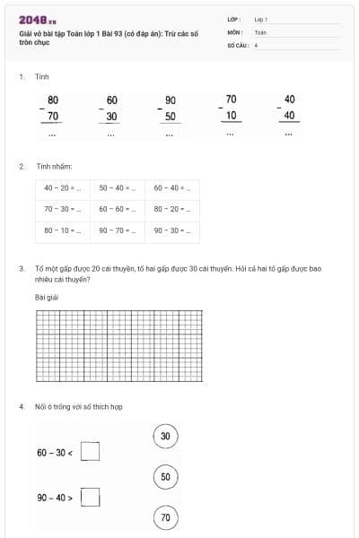 Giải vở bài tập Toán lớp 1 Bài 93 (có đáp án): Trừ các số tròn chục