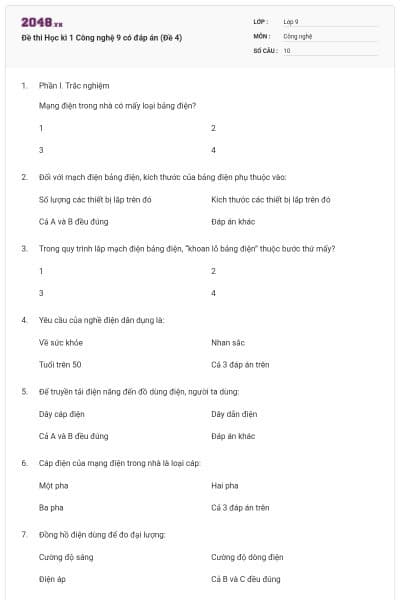 Đề thi Học kì 1 Công nghệ 9 có đáp án (Đề 4)