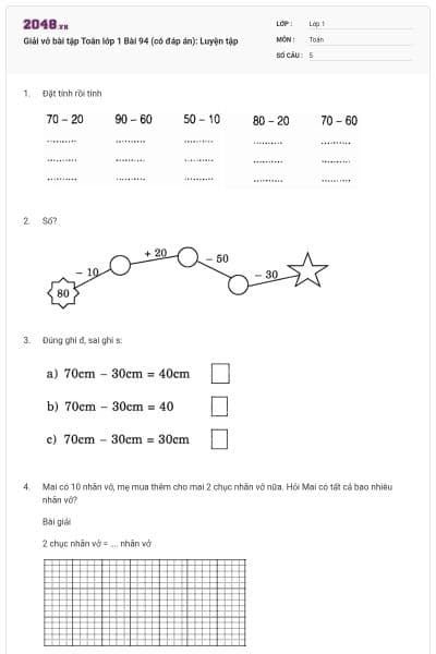 Giải vở bài tập Toán lớp 1 Bài 94 (có đáp án): Luyện tập