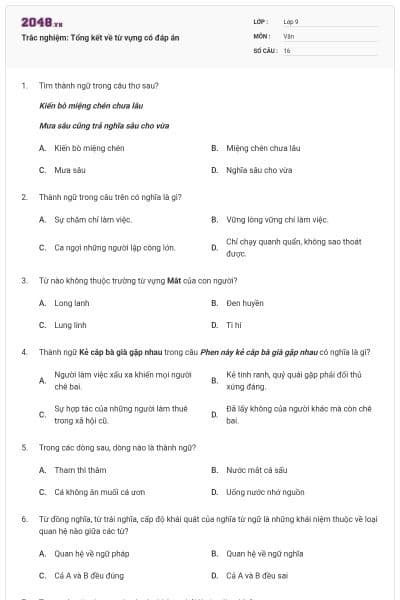 Trắc nghiệm: Tổng kết về từ vựng có đáp án