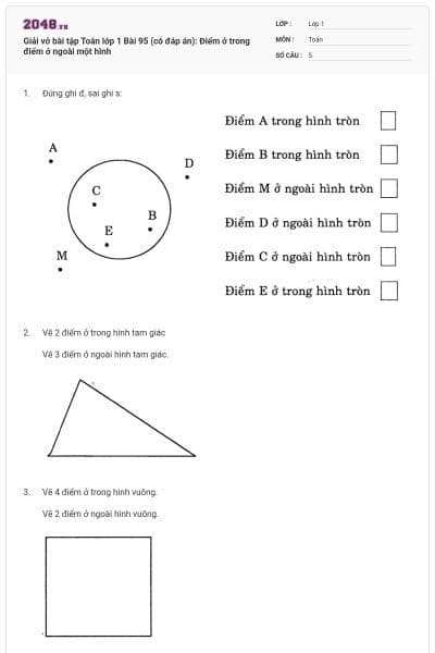 Giải vở bài tập Toán lớp 1 Bài 95 (có đáp án): Điểm ở trong điểm ở ngoài một hình