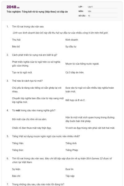 Trắc nghiệm: Tổng kết về từ vựng (tiếp theo) có đáp án