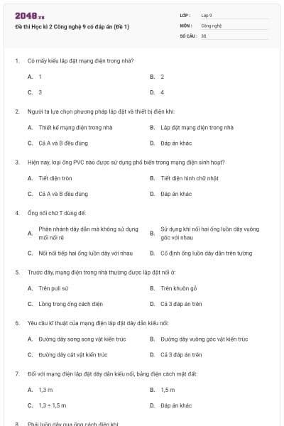 Đề thi Học kì 2 Công nghệ 9 có đáp án (Đề 1)
