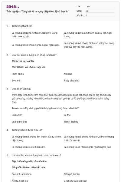 Trắc nghiệm: Tổng kết về từ vựng (tiếp theo 2) có đáp án