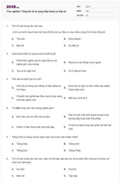 Trắc nghiệm: Tổng kết về từ vựng (tiếp theo) có đáp án