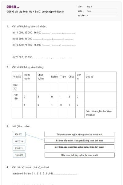 Giải vở bài tập Toán lớp 4 Bài 7. Luyện tập có đáp án