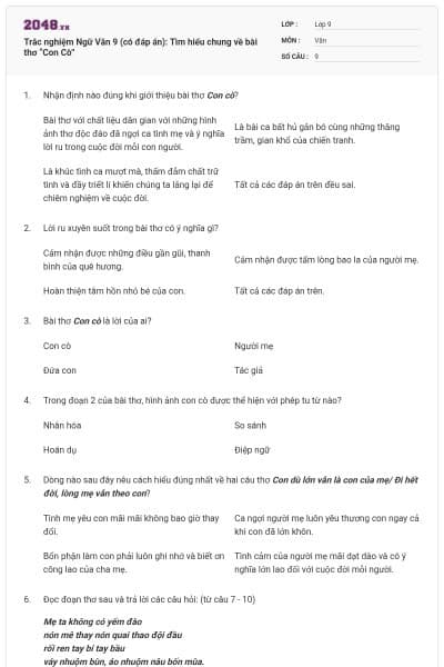 Trắc nghiệm Ngữ Văn 9 (có đáp án): Tìm hiểu chung về bài thơ “Con Cò”