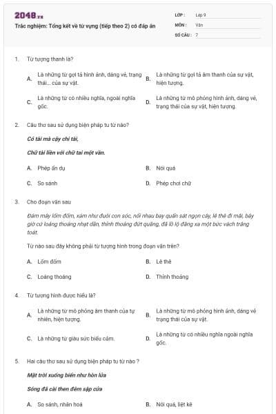 Trắc nghiệm: Tổng kết về từ vựng (tiếp theo 2) có đáp án