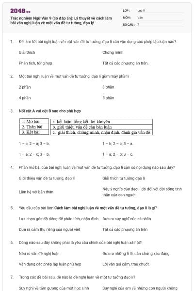 Trắc nghiệm Ngữ Văn 9 (có đáp án): Lý thuyết về cách làm bài văn nghị luận về một vấn đề tư tưởng, đạo lý