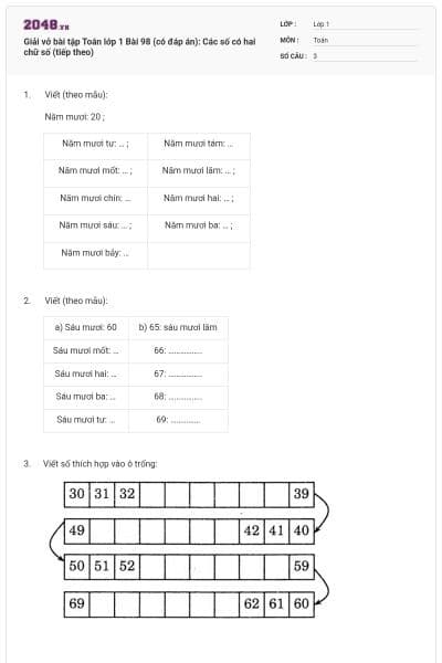 Giải vở bài tập Toán lớp 1 Bài 98 (có đáp án): Các số có hai chữ số (tiếp theo)