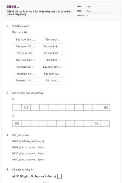 Giải vở bài tập Toán lớp 1 Bài 99 (có đáp án): Các số có hai chữ số (tiếp theo)