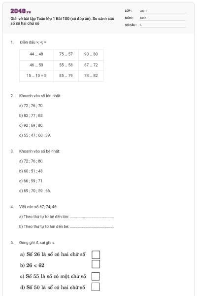 Giải vở bài tập Toán lớp 1 Bài 100 (có đáp án): So sánh các số có hai chữ số