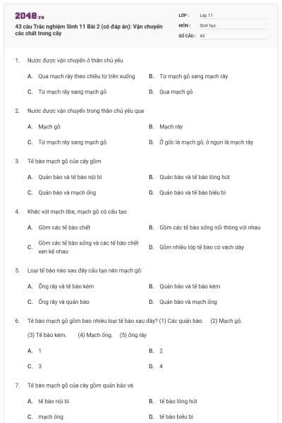 43 câu  Trắc nghiệm Sinh 11 Bài 2 (có đáp án): Vận chuyển các chất trong cây