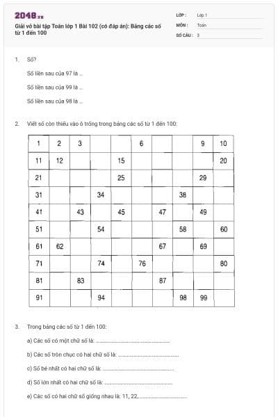 Giải vở bài tập Toán lớp 1 Bài 102 (có đáp án): Bảng các số từ 1 đến 100