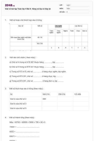 Giải vở bài tập Toán lớp 4 Bài 8. Hàng và lớp có đáp án