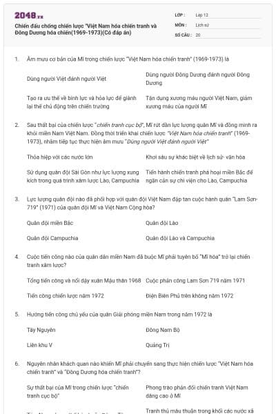 Chiến đấu chống chiến lược "Việt Nam hóa chiến tranh và Đông Dương hóa chiến(1969-1973)(Có đáp án)