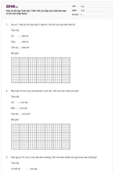 Giải vở bài tập Toán lớp 1 Bài 105 (có đáp án): Giải bài toán có lời văn (tiếp theo)