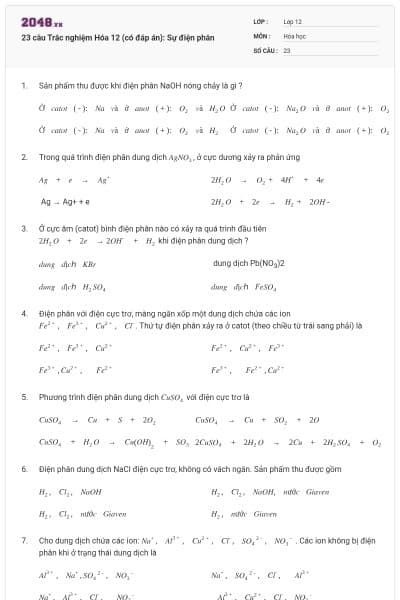 23 câu Trắc nghiệm Hóa 12 (có đáp án): Sự điện phân