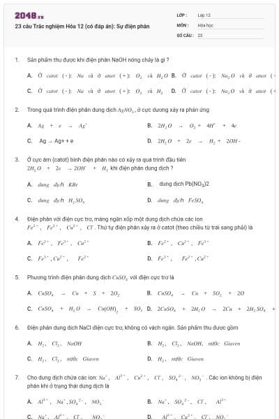 23 câu Trắc nghiệm Hóa 12 (có đáp án): Sự điện phân