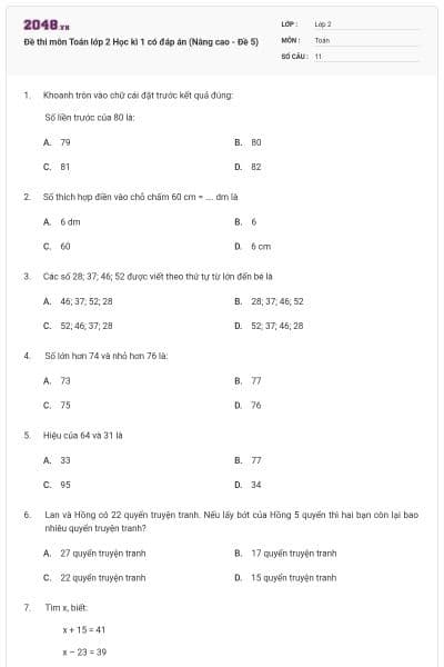 Đề thi môn Toán lớp 2 Học kì 1 có đáp án (Nâng cao - Đề 5)