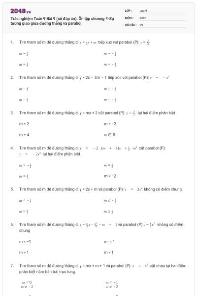 Trắc nghiệm Toán 9 Bài 9 (có đáp án): Ôn tập chương 4-Sự tương giao giữa đường thẳng và parabol