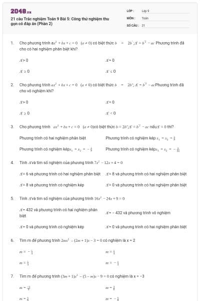 21 câu Trắc nghiệm Toán 9 Bài 5: Công thứ nghiệm thu gọn có đáp án (Phần 2)