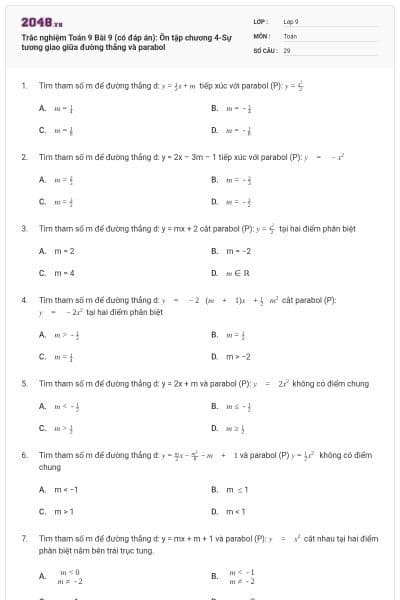 Trắc nghiệm Toán 9 Bài 9 (có đáp án): Ôn tập chương 4-Sự tương giao giữa đường thẳng và parabol