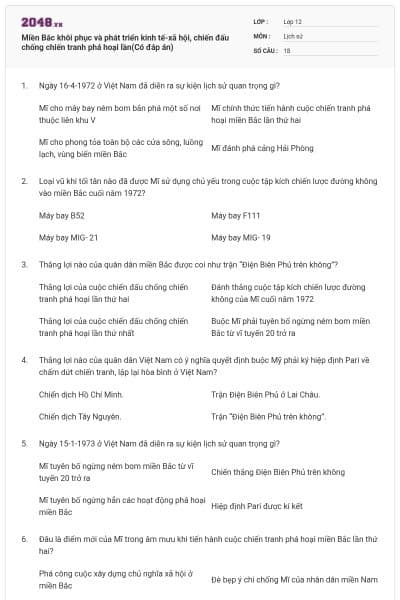 Miền Bắc khôi phục và phát triển kinh tế-xã hội, chiến đấu chống chiến tranh phá hoại lần(Có đáp án)