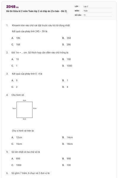 Đề thi Giữa kì 2 môn Toán lớp 2 có đáp án (Cơ bản - Đề 2)