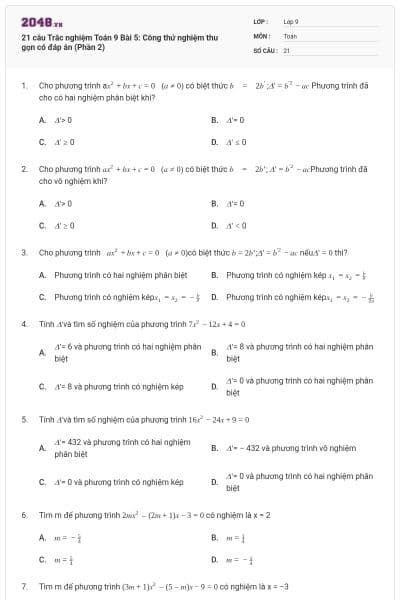 21 câu Trắc nghiệm Toán 9 Bài 5: Công thứ nghiệm thu gọn có đáp án (Phần 2)