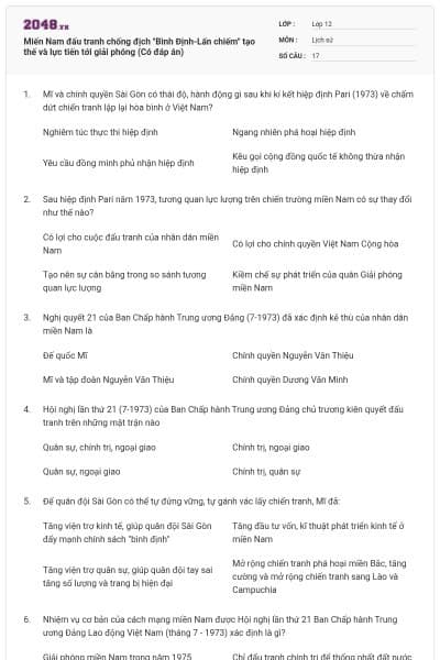 Miến Nam đấu tranh chống địch "Bình Định-Lấn chiếm" tạo thế và lực tiến tới giải phóng (Có đáp án)